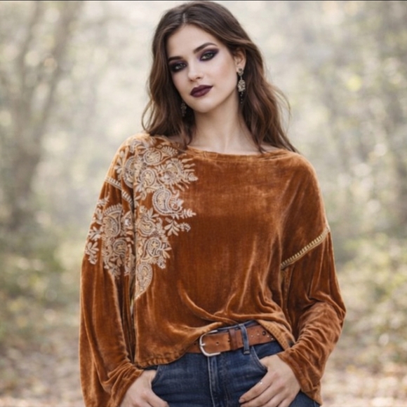 Sundance Tops - Sundance Dreams Harvest Caramel Orange Embroidered Velvet Tunic Whimsigoth XS